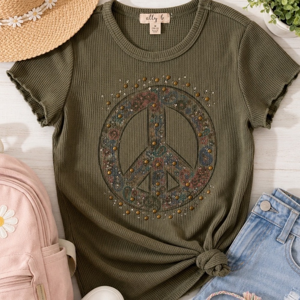 Ally B Girls Waffle Knit Tee Medium 10-12 Olive Peace Sign Studded Boho Shirt